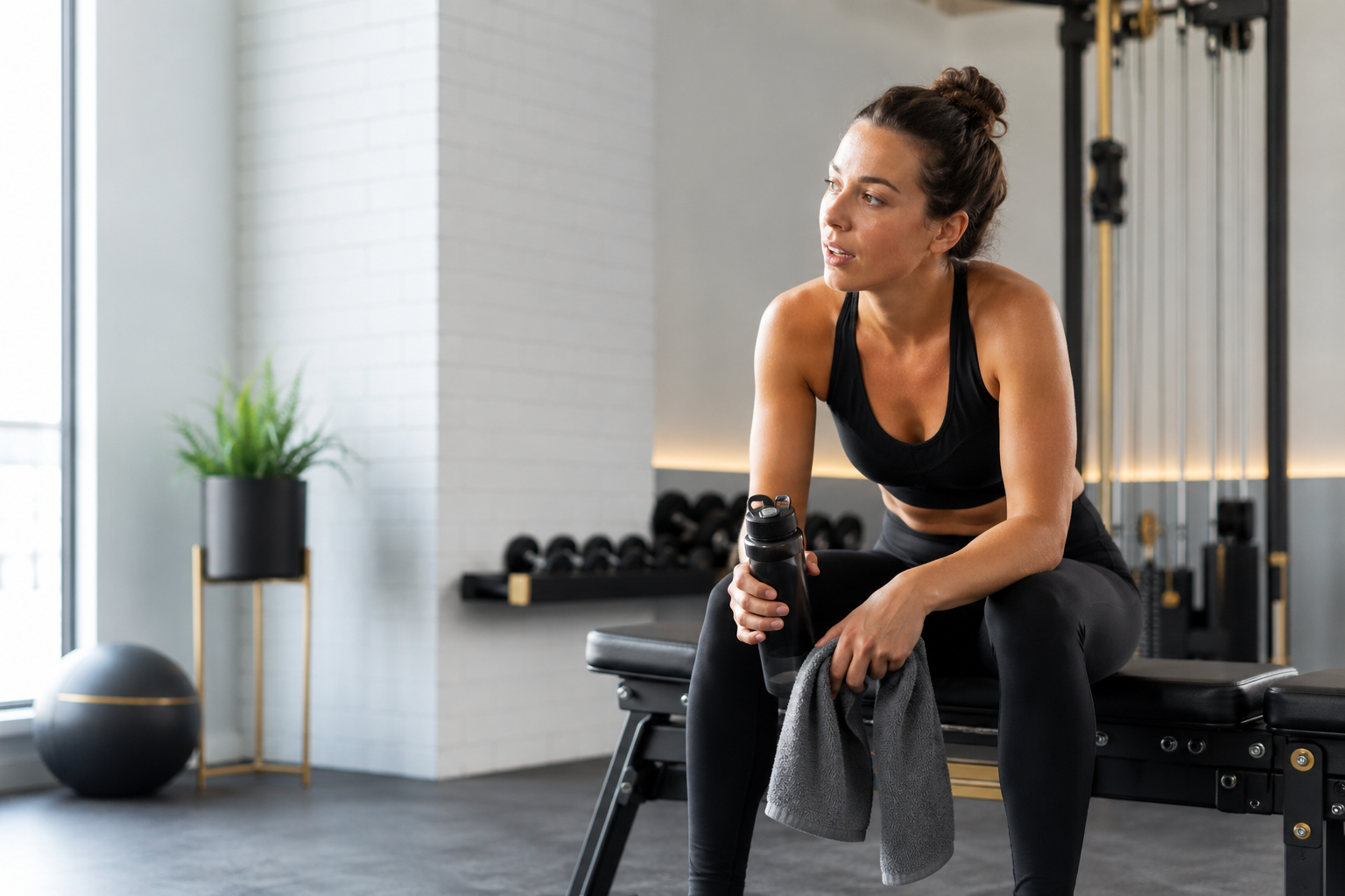 Edzés után padon pihenő nő kulaccsal és törölközővel egy világos, fekete és arany részletekkel kialakított fitneszstúdióban.