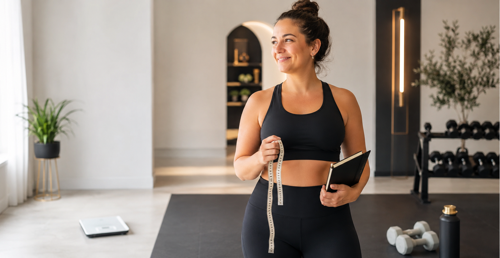 Mosolygó nő mérőszalaggal és edzésnaplóval egy világos fitneszstúdióban, miközben a mérleg másodlagos elemként a háttérben látható.